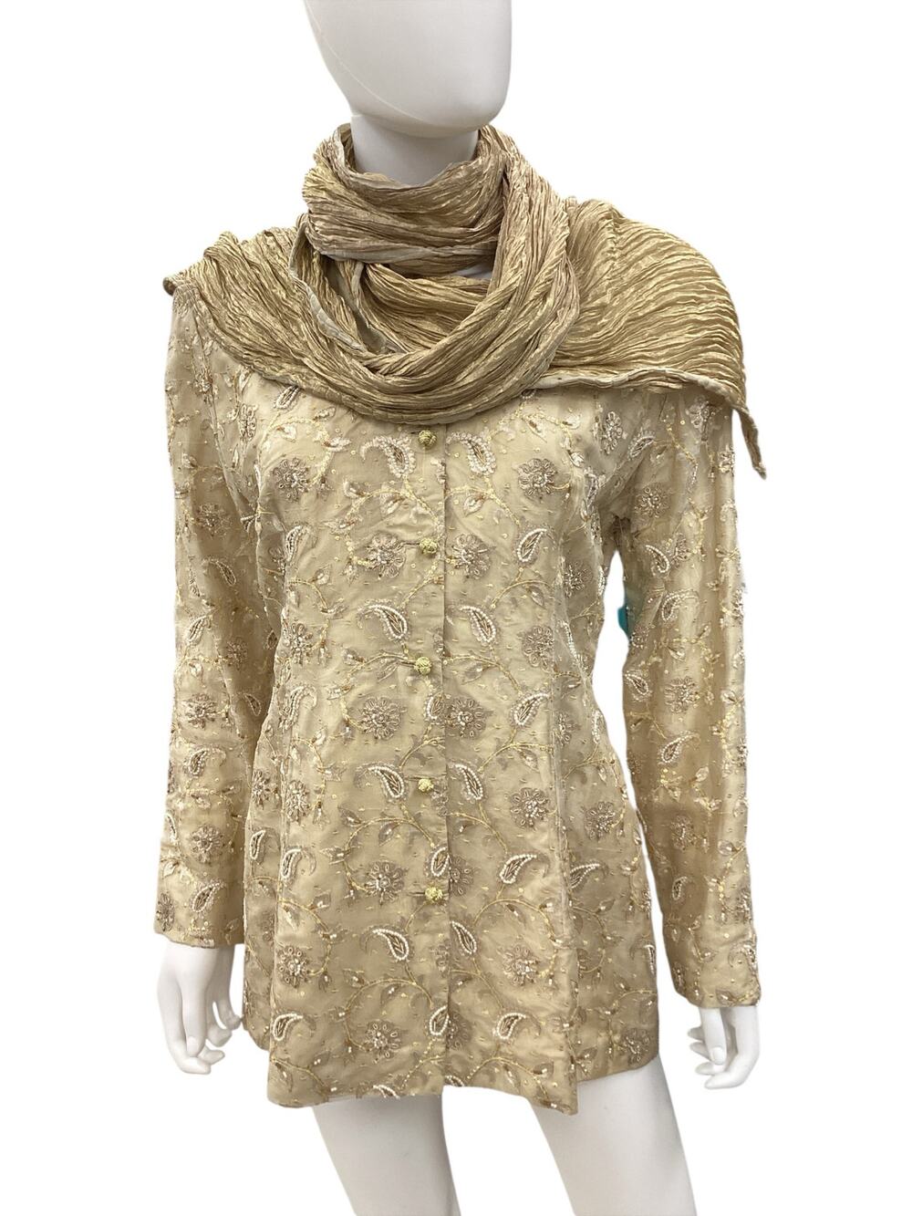 VTG Set Women’s Size M Scarf+Blazer Silk Gold Tone Knot Buttons Embroidered Gold